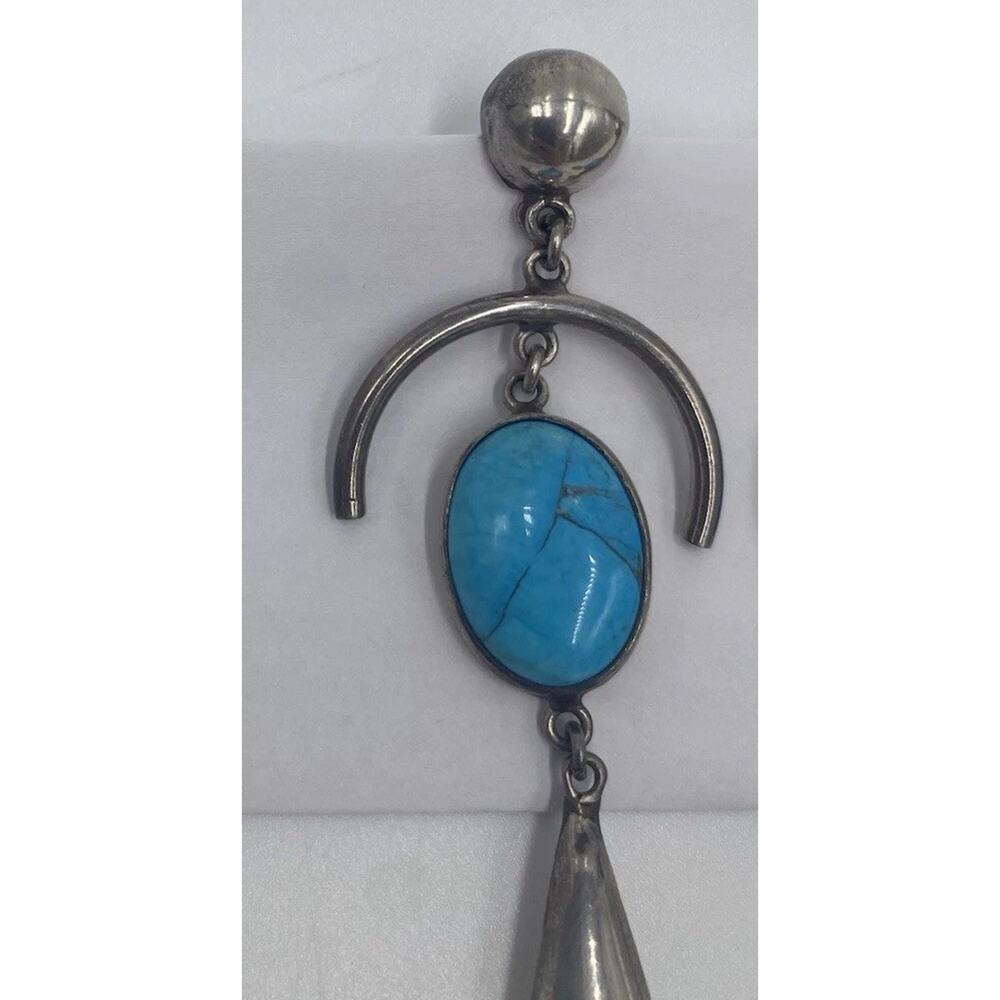 Vintage TAXCO Mexico Sterling Silver Turquoise Dangle Earrings 3.4” 22g TC 127 - Picture 5 of 8